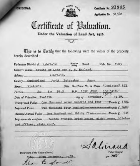 Coniston Certificate of Valuation dated 29 December 1939